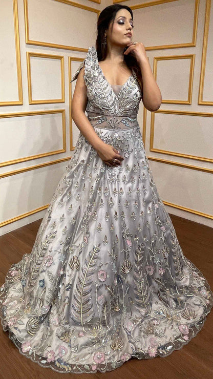 Ice blue engagement gown in net with pearl & cut dana