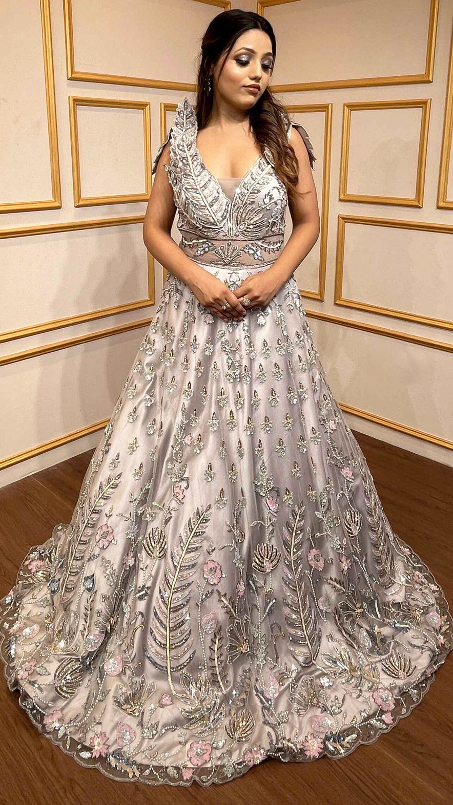 Ice blue engagement gown in net with pearl & cut dana