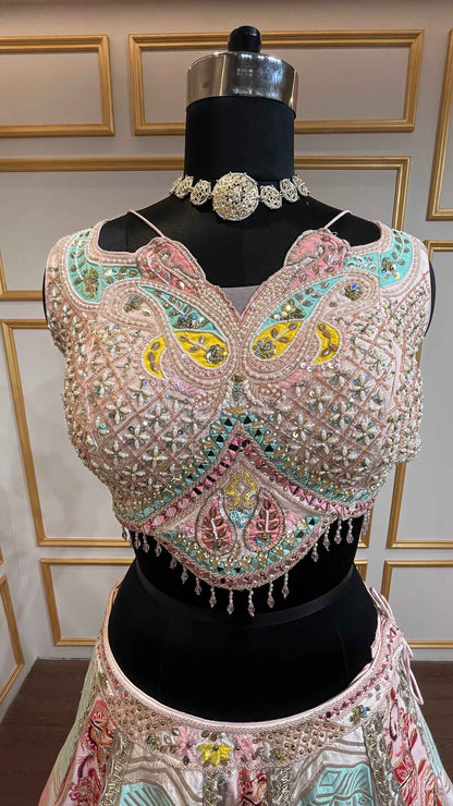 Multicolor lehenga with pearl & cut dana in brocade