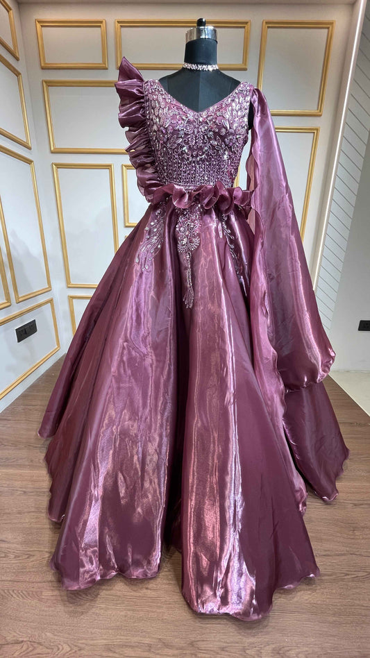 Sequins & crystal work on wine color organza gown