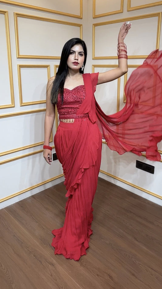 Georgette pre draped saree in rose red with cut dana & crystal
