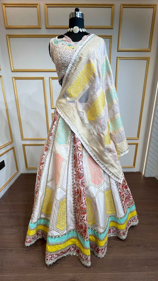 Multicolor lehenga with pearl & cut dana in brocade