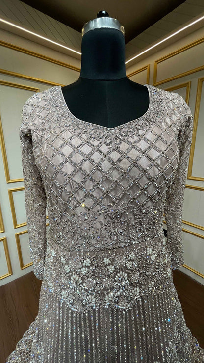 Powder mauve trail indo western in net with zarkan & pearl