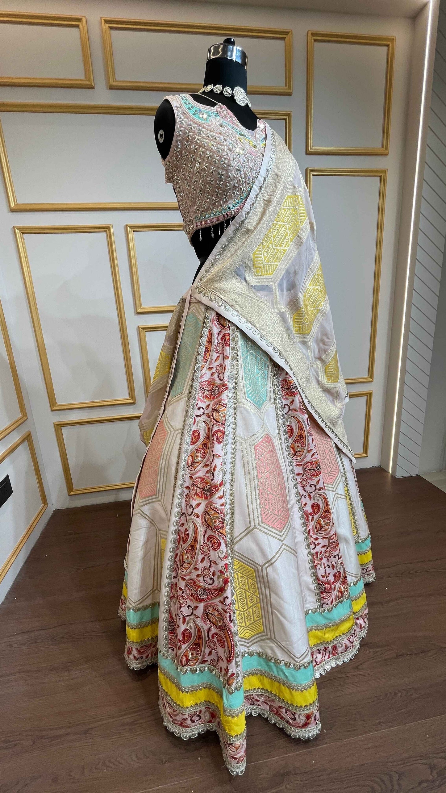 Multicolor lehenga with pearl & cut dana in brocade