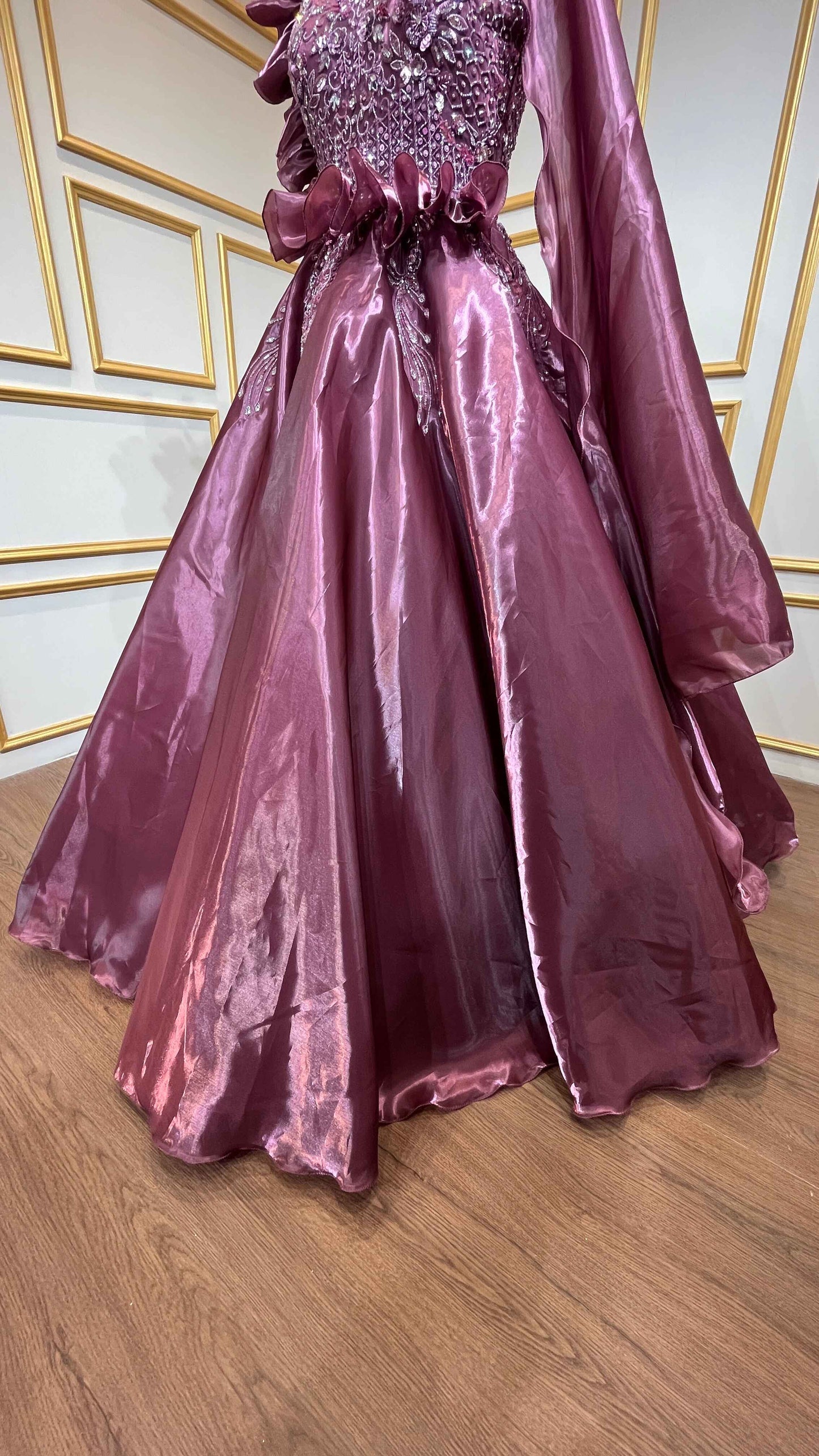 Sequins & crystal work on wine color organza gown
