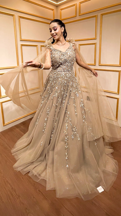 Tan color sequins & pearl work engagement gown in net