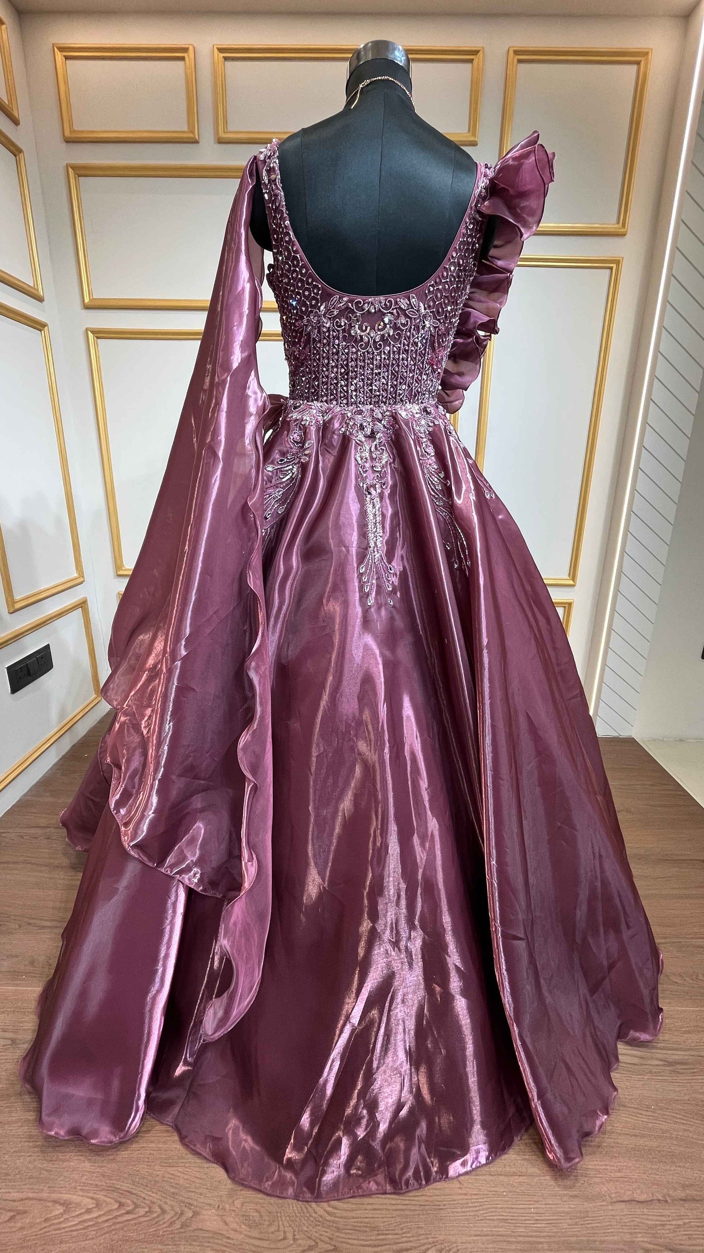 Sequins & crystal work on wine color organza gown