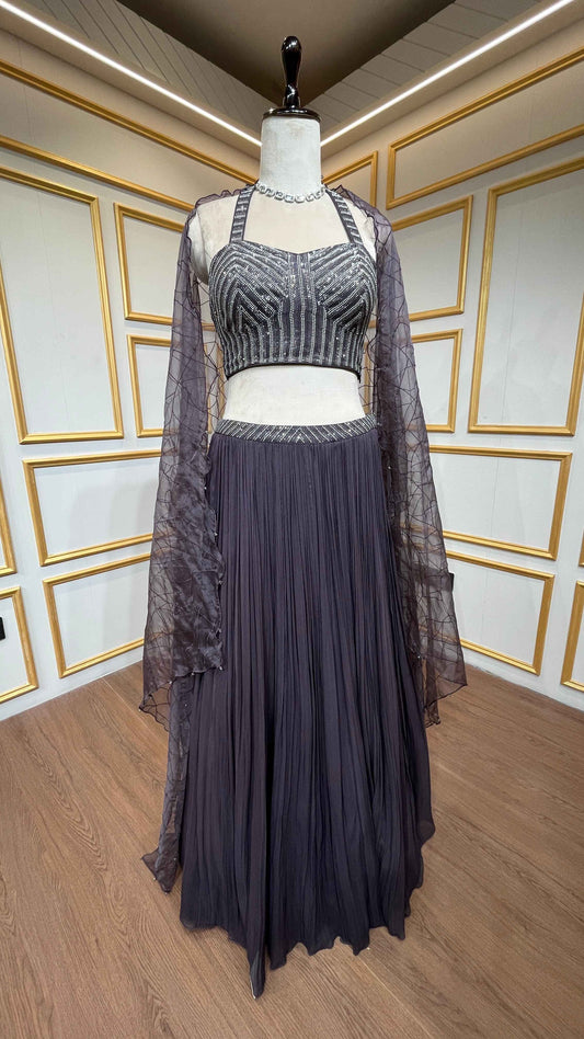 Thread & stone pasting work on deep wine georgette skirt with organza shrug