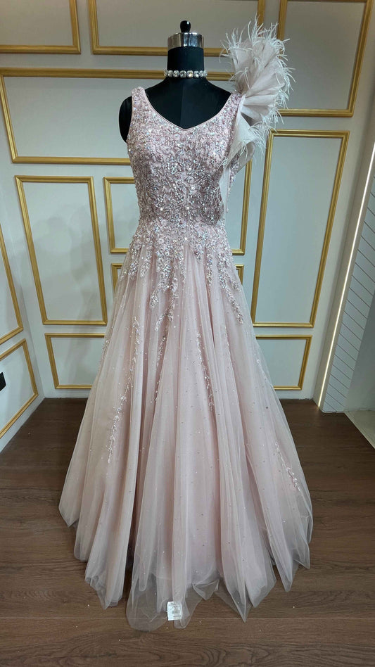 Peach engagement gown with pearl & crystal in net