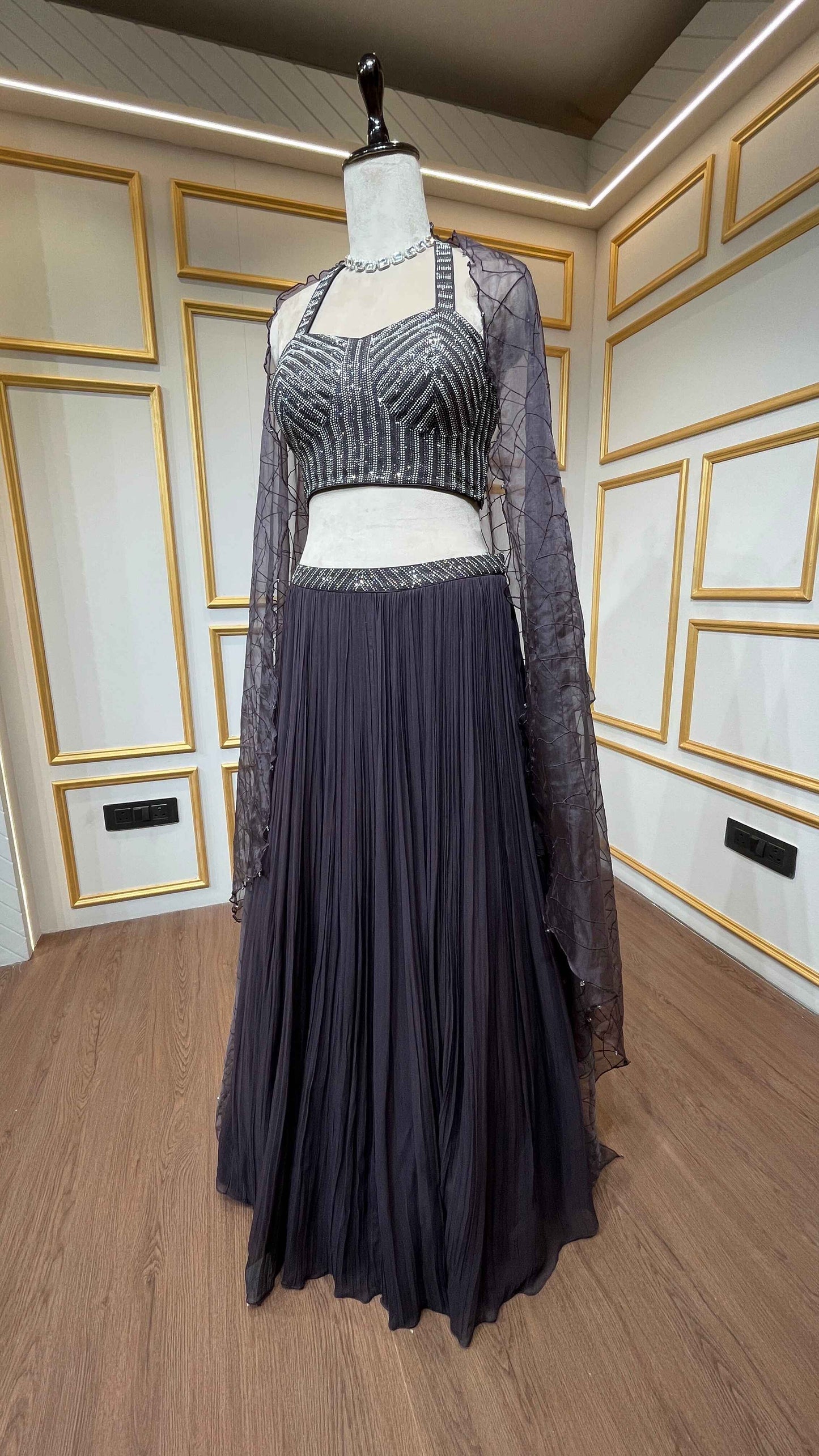 Thread & stone pasting work on deep wine georgette skirt with organza shrug