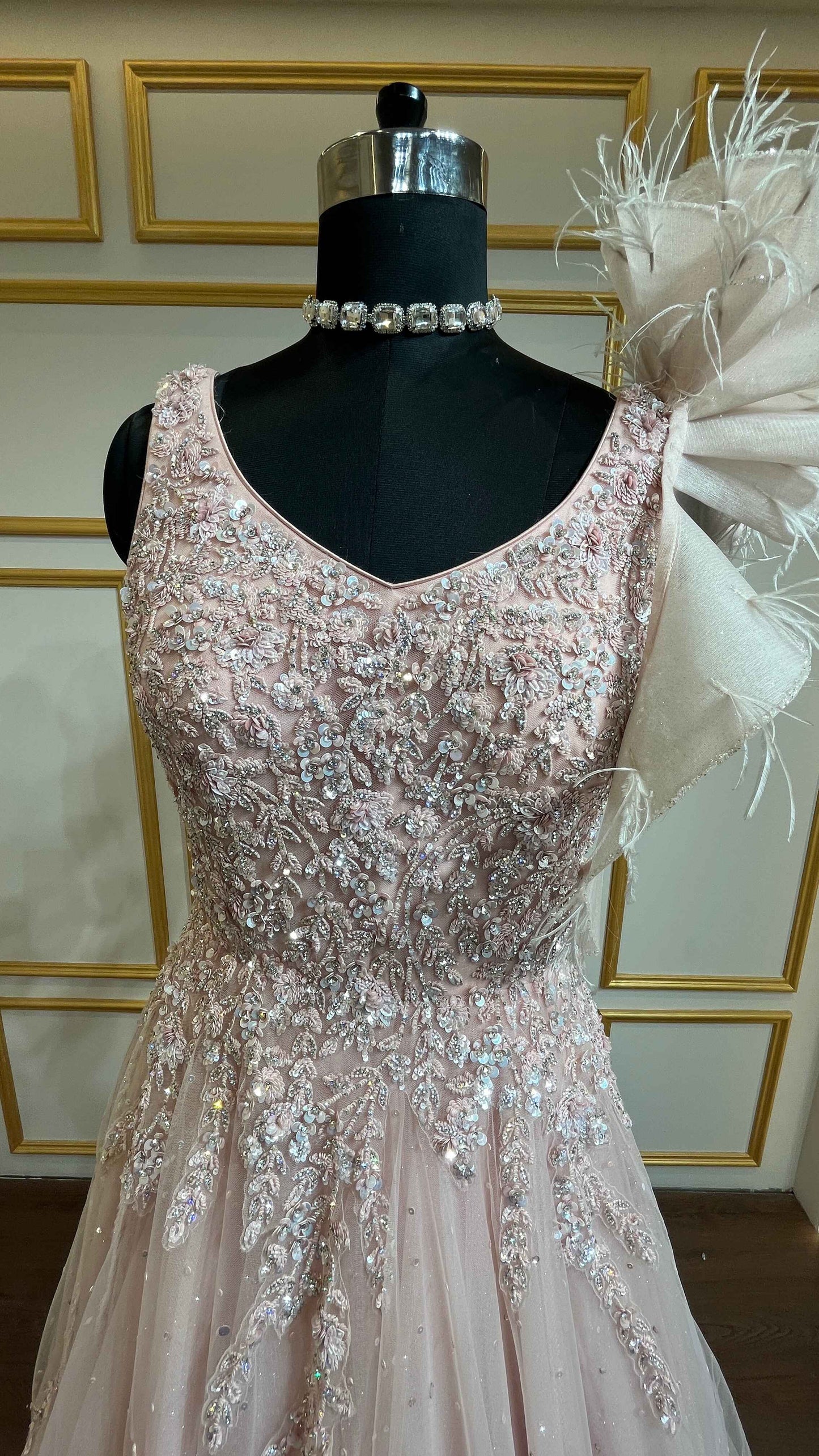 Peach engagement gown with pearl & crystal in net