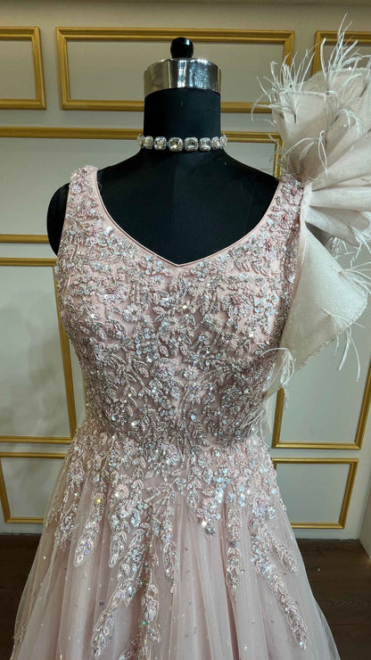 Peach engagement gown with pearl & crystal in net