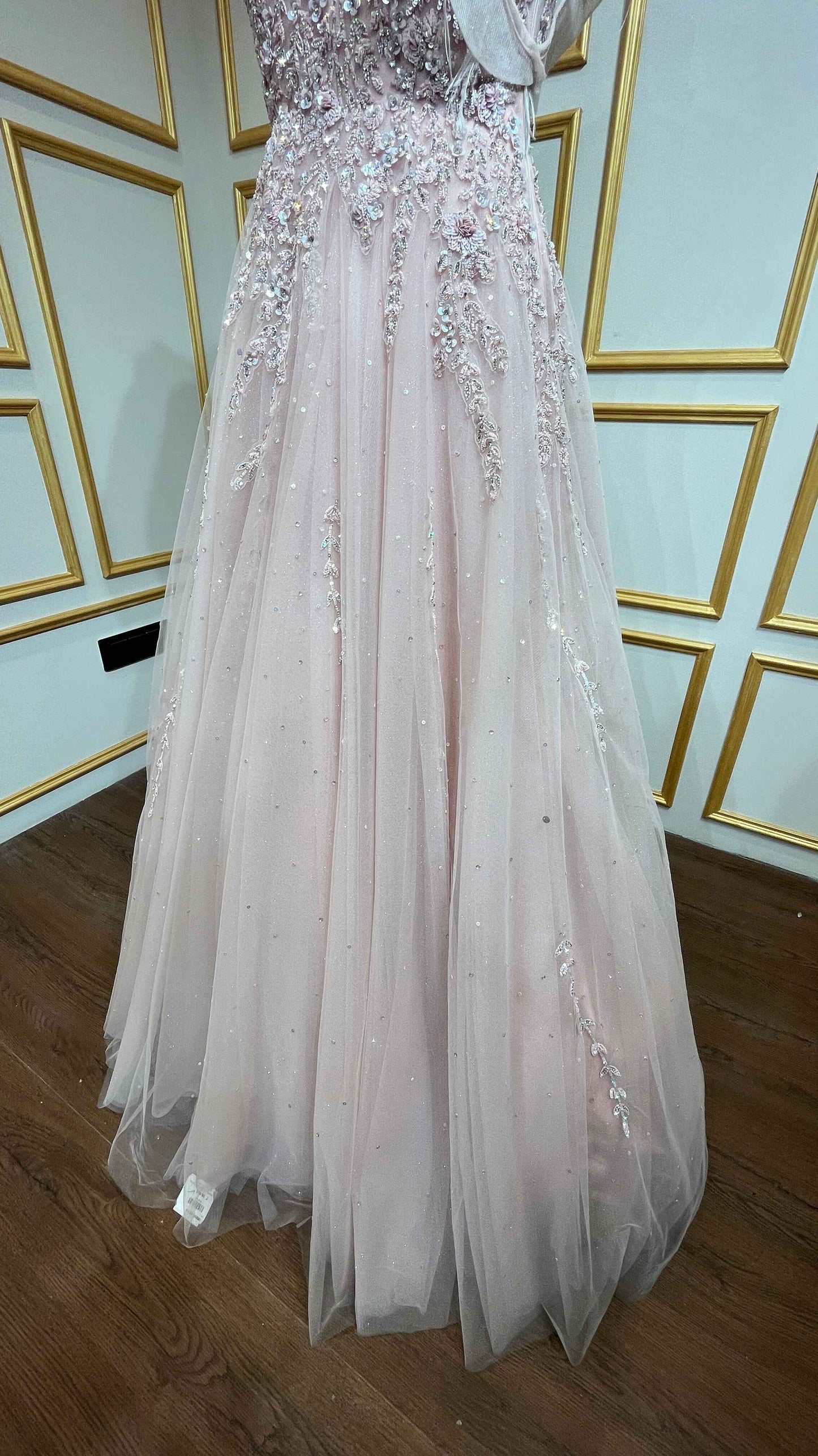 Peach engagement gown with pearl & crystal in net