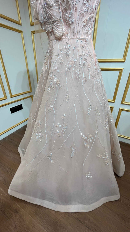 Crystal & pearl work on mesh gown in powder peach color