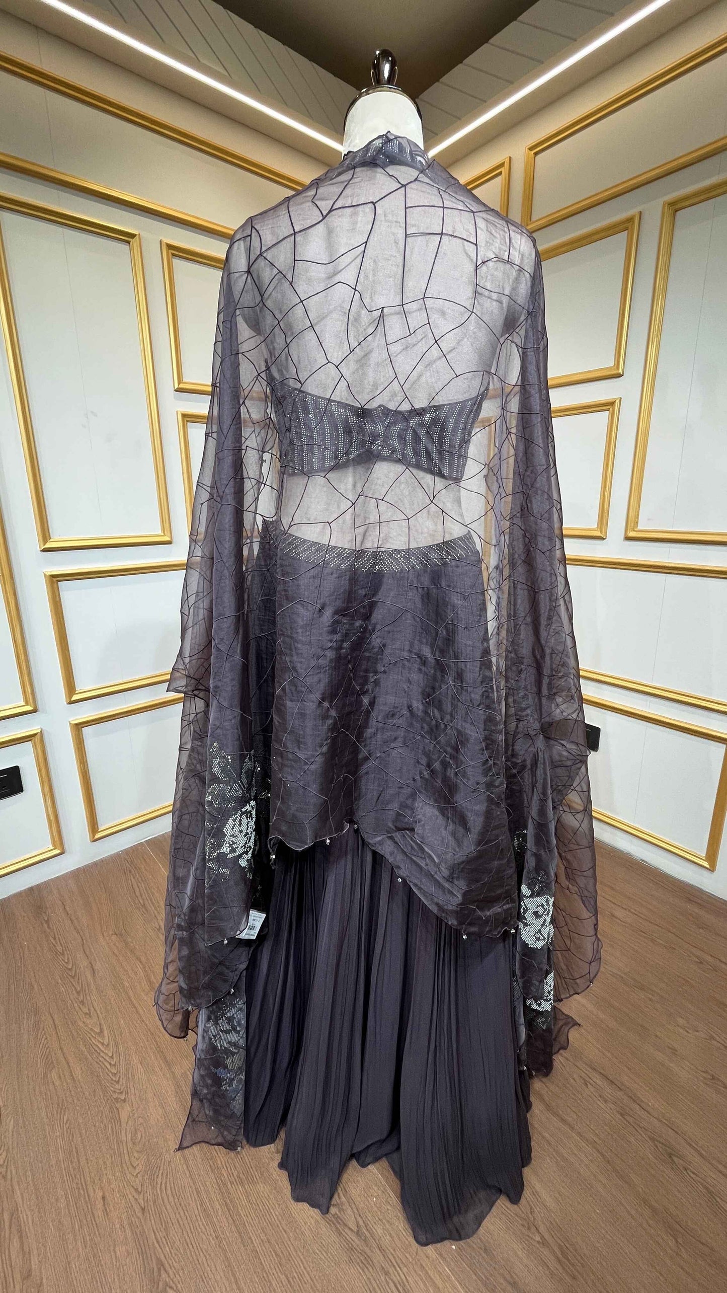 Thread & stone pasting work on deep wine georgette skirt with organza shrug