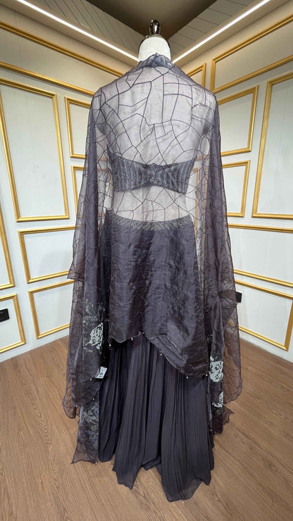 Thread & stone pasting work on deep wine georgette skirt with organza shrug
