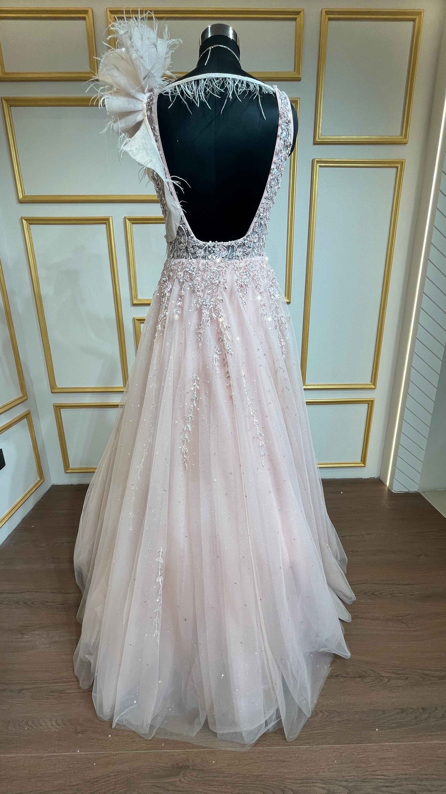 Peach engagement gown with pearl & crystal in net