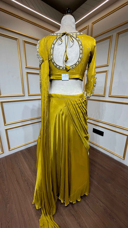 Mustard drape lehenga with french knot & cut dana in chinon