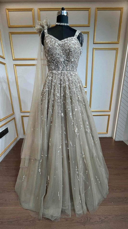 Khaki engagement gown with cut dana & crystal in net