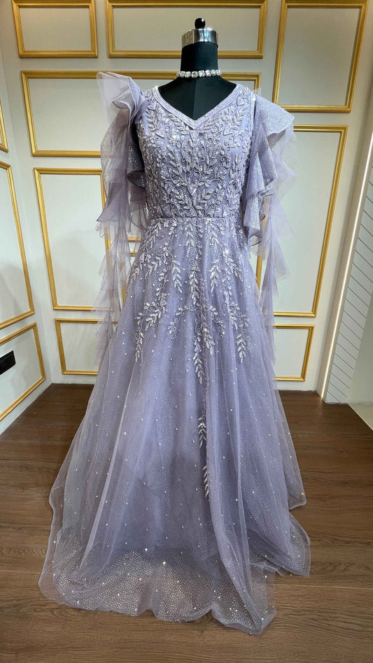 Lavender gown with pearl & crystal in shimmer net