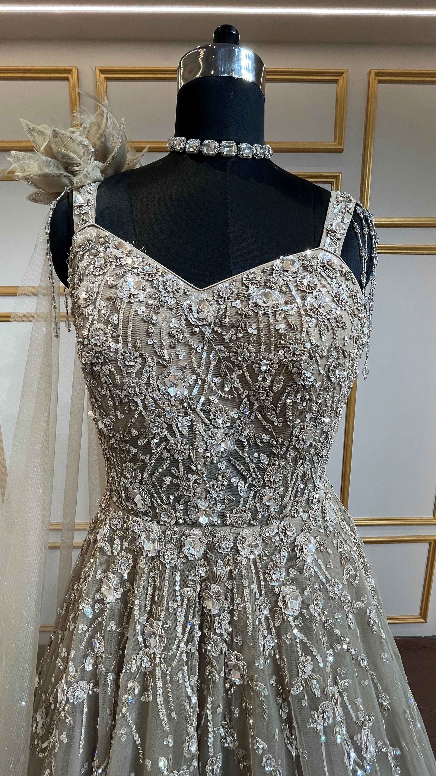 Khaki engagement gown with cut dana & crystal in net