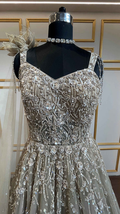 Khaki engagement gown with cut dana & crystal in net