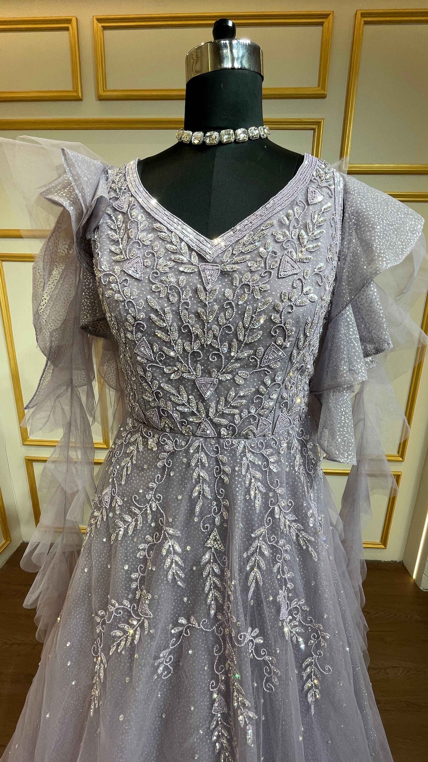 Lavender gown with pearl & crystal in shimmer net