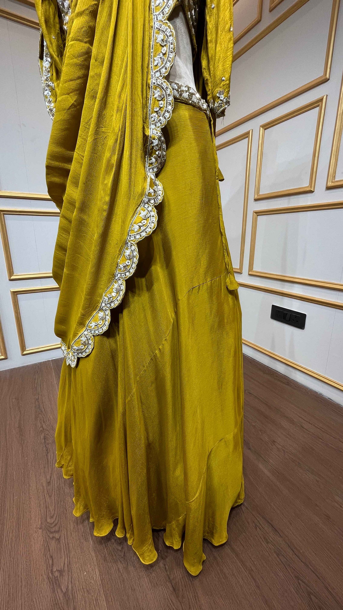 Mustard drape lehenga with french knot & cut dana in chinon