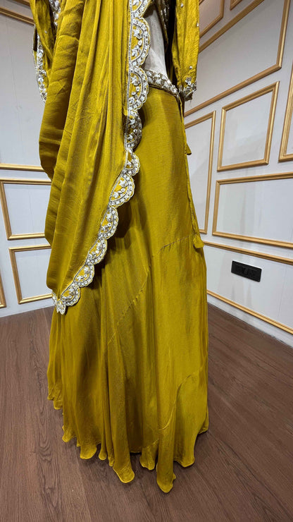 Mustard drape lehenga with french knot & cut dana in chinon