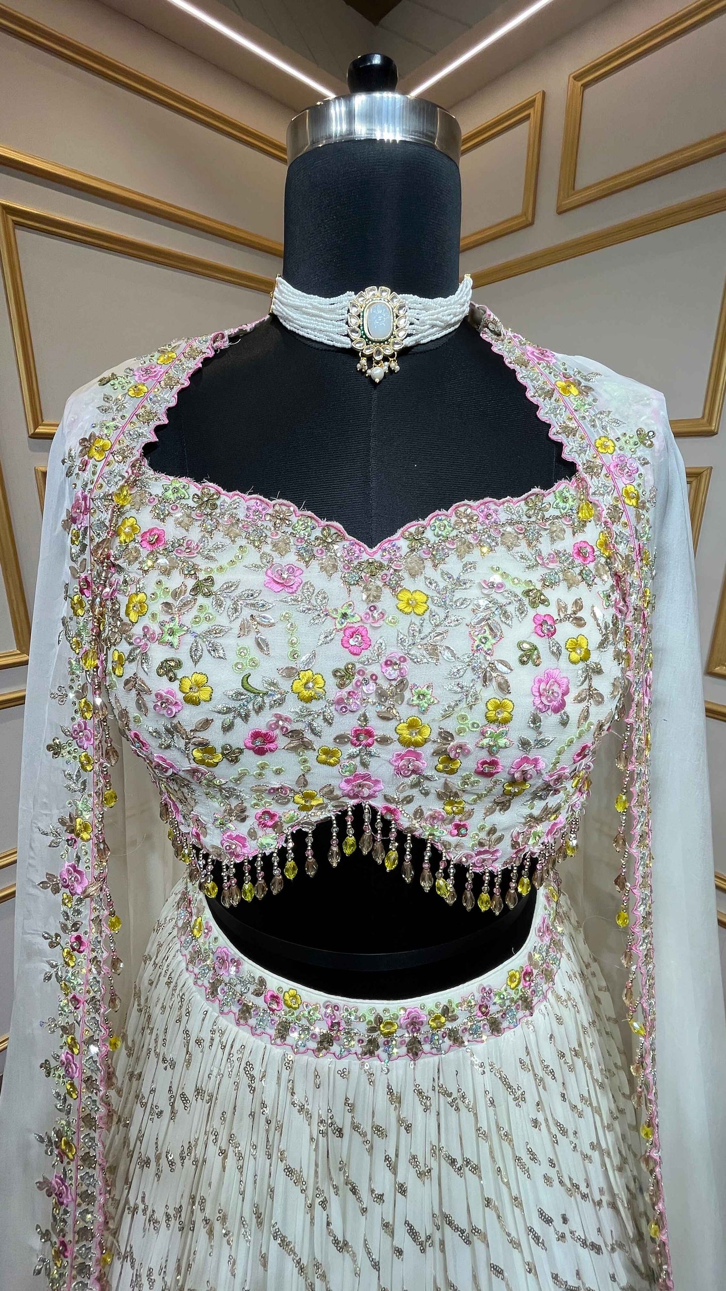 Georgette crop top skirt in ivory color in thread, siroski, sequins work with shrug