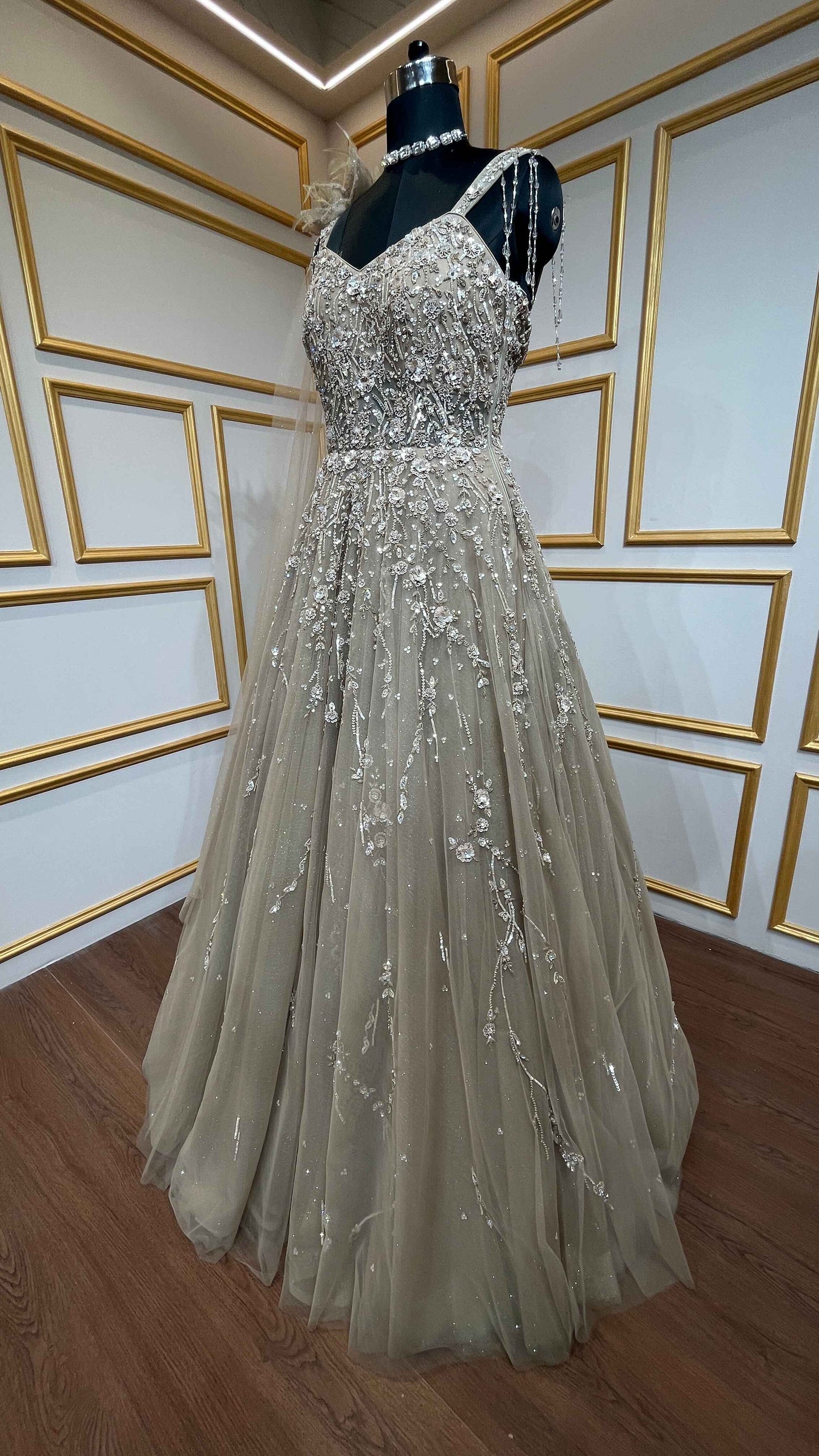 Khaki engagement gown with cut dana & crystal in net