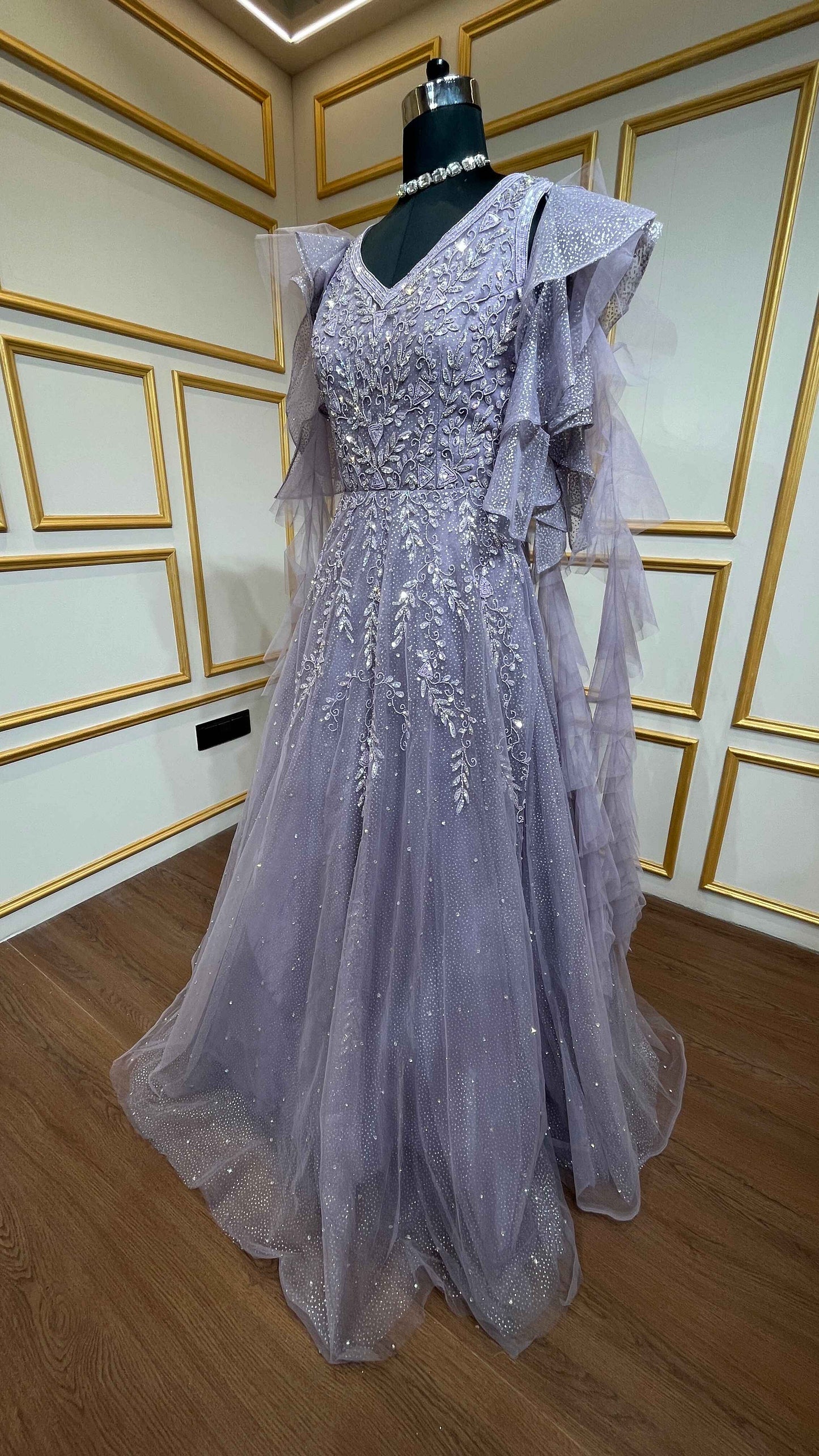 Lavender gown with pearl & crystal in shimmer net