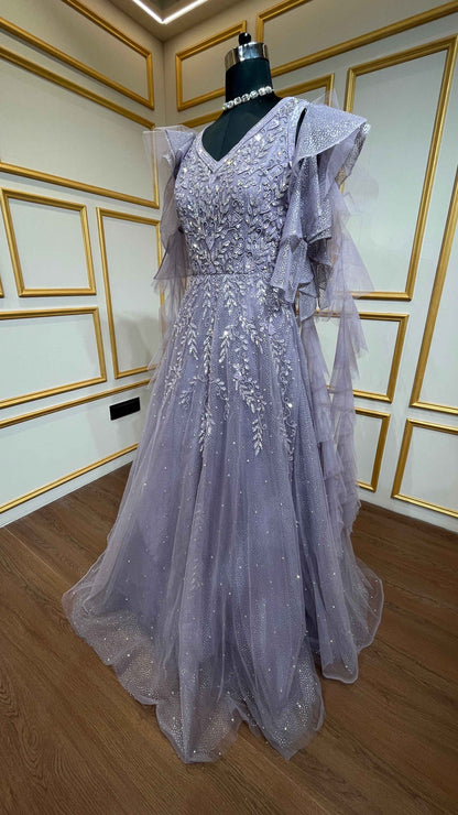 Lavender gown with pearl & crystal in shimmer net