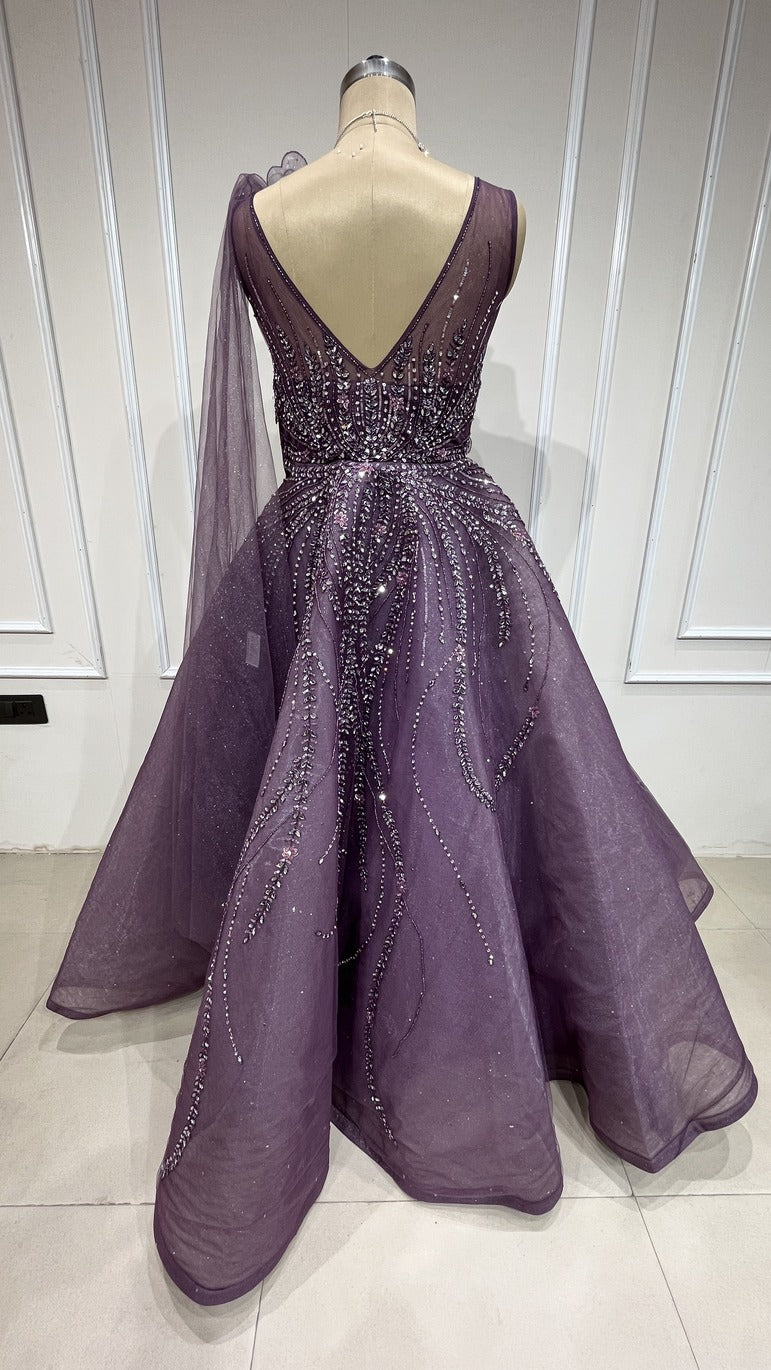 Mesh engagement gown with mirror & crystal in luxury purple