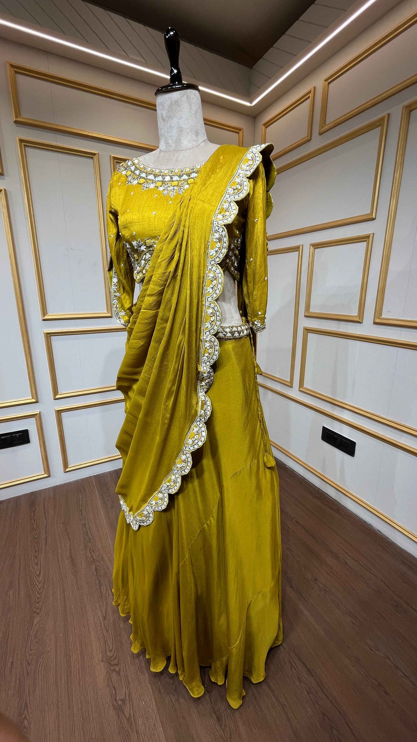 Mustard drape lehenga with french knot & cut dana in chinon