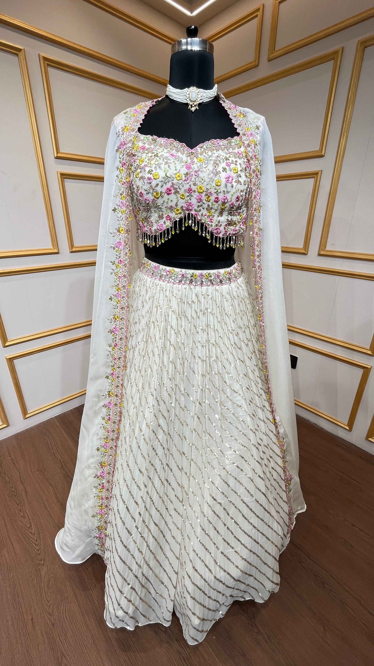 Georgette crop top skirt in ivory color in thread, siroski, sequins work with shrug