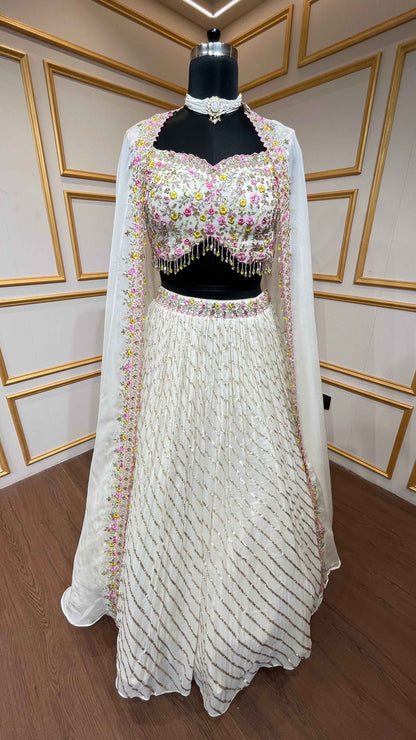 Georgette crop top skirt in ivory color in thread, siroski, sequins work with shrug