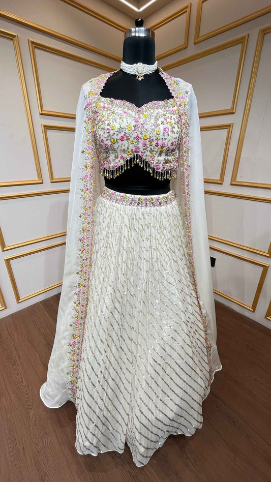 Georgette crop top skirt in ivory color in thread, siroski, sequins work with shrug