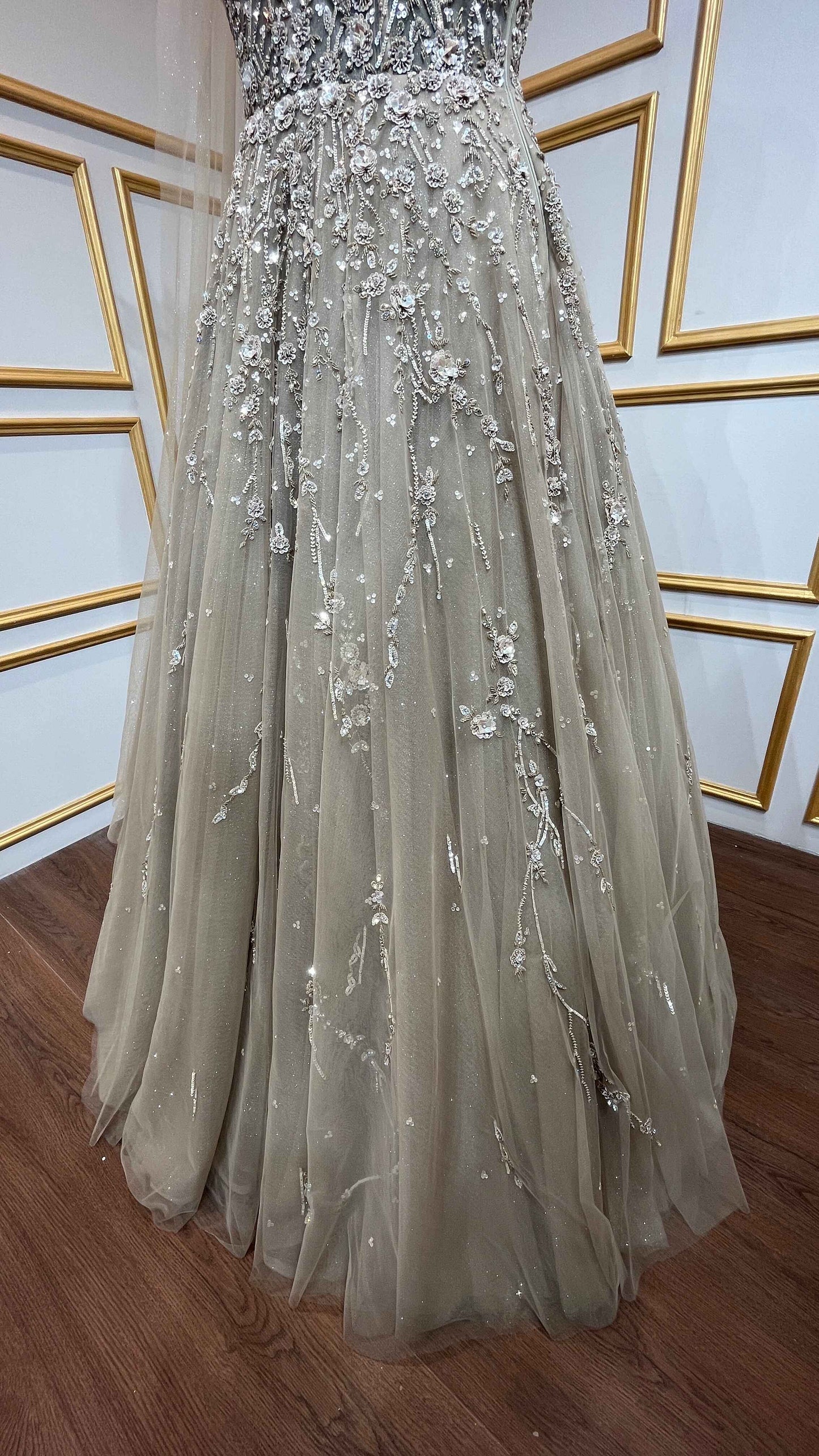 Khaki engagement gown with cut dana & crystal in net