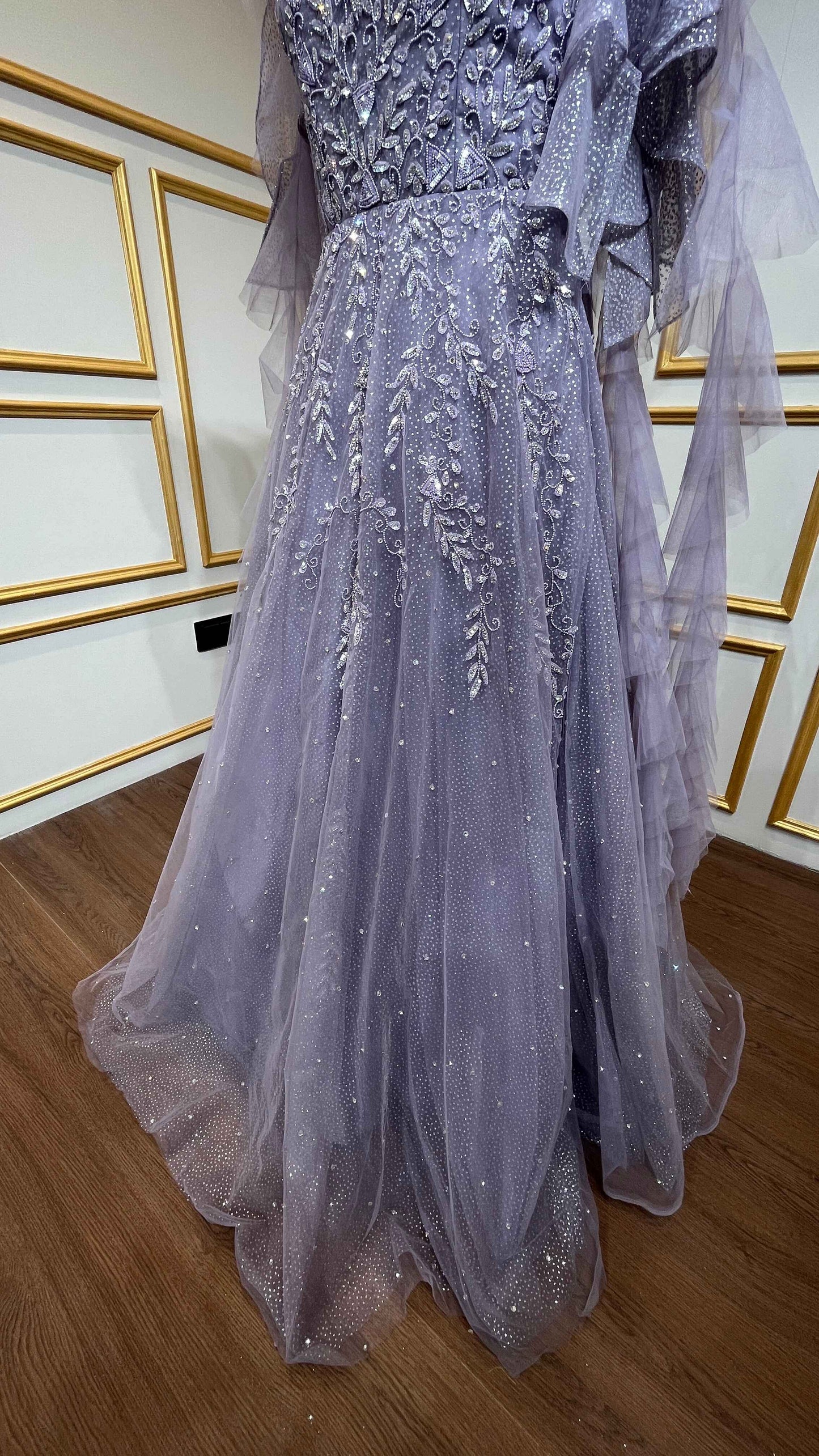 Lavender gown with pearl & crystal in shimmer net