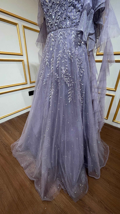 Lavender gown with pearl & crystal in shimmer net