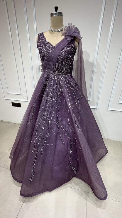 Mesh engagement gown with mirror & crystal in luxury purple