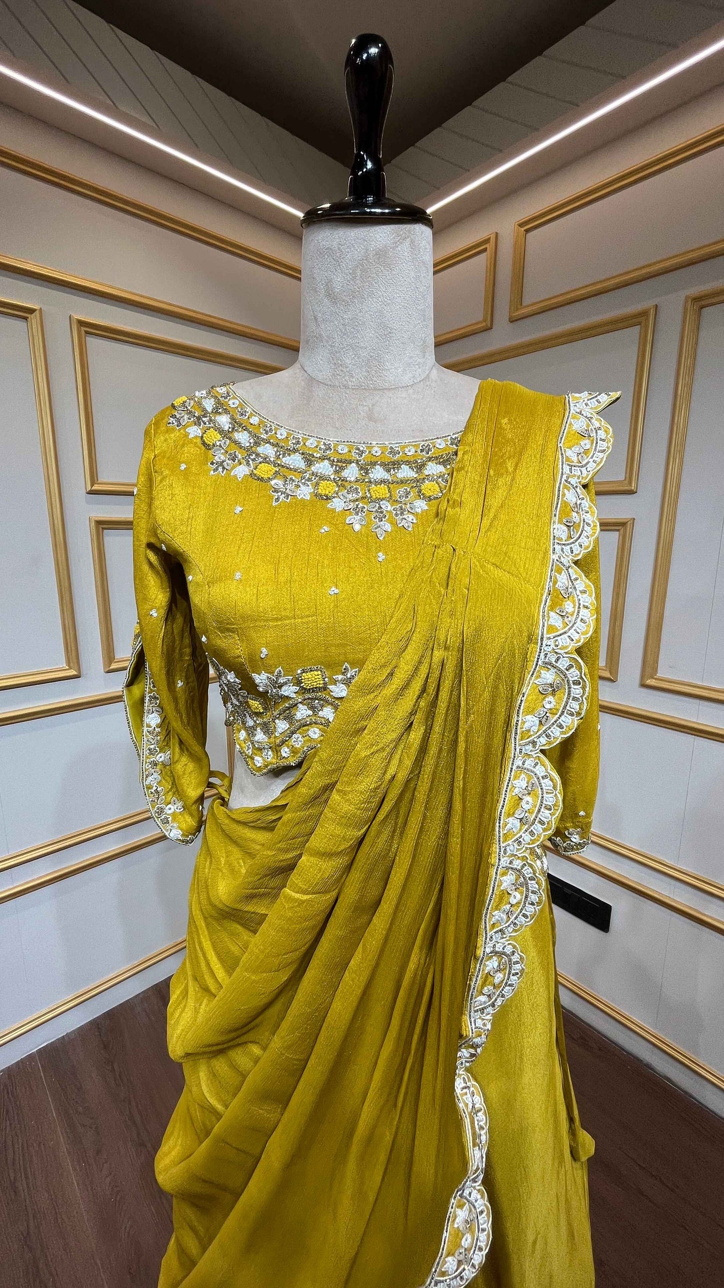 Mustard drape lehenga with french knot & cut dana in chinon
