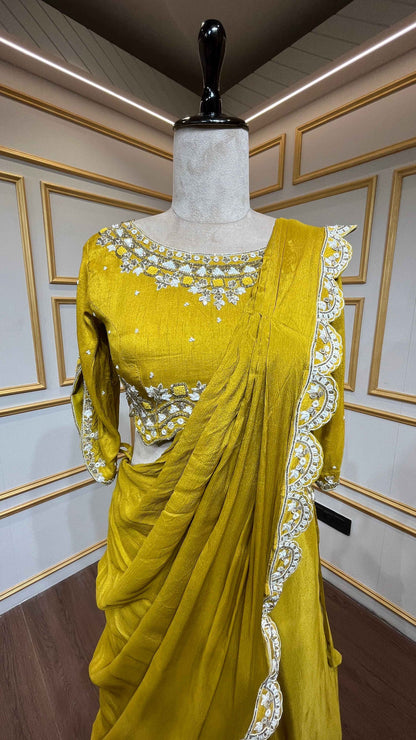 Mustard drape lehenga with french knot & cut dana in chinon