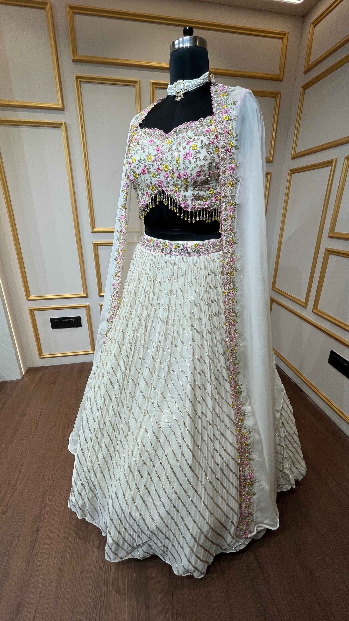 Georgette crop top skirt in ivory color in thread, siroski, sequins work with shrug