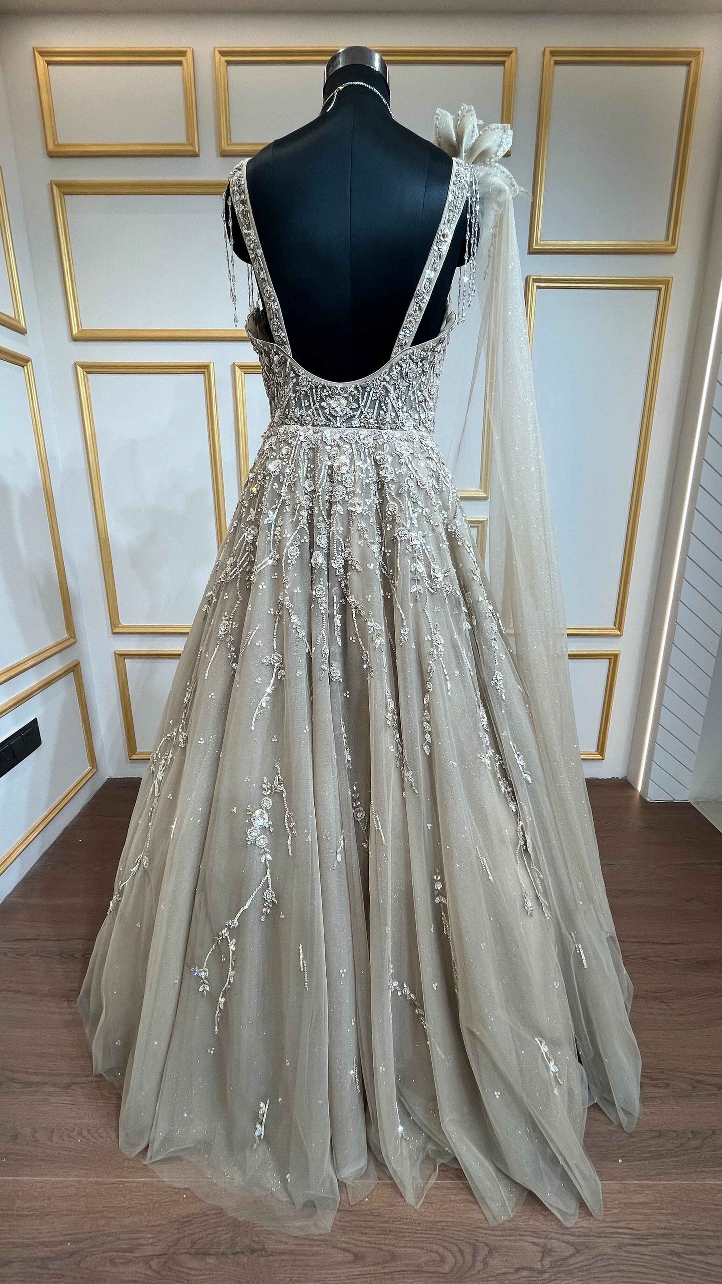 Khaki engagement gown with cut dana & crystal in net