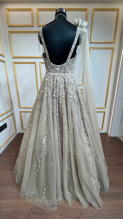 Khaki engagement gown with cut dana & crystal in net
