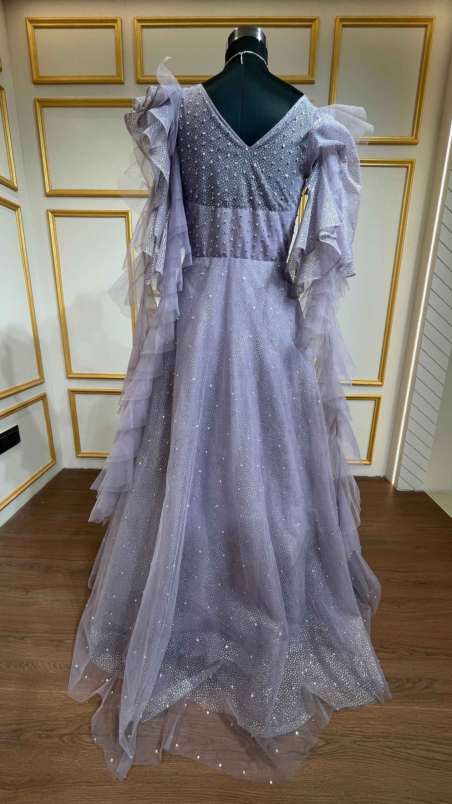Lavender gown with pearl & crystal in shimmer net
