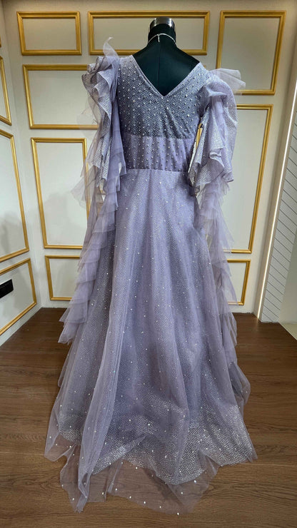 Lavender gown with pearl & crystal in shimmer net