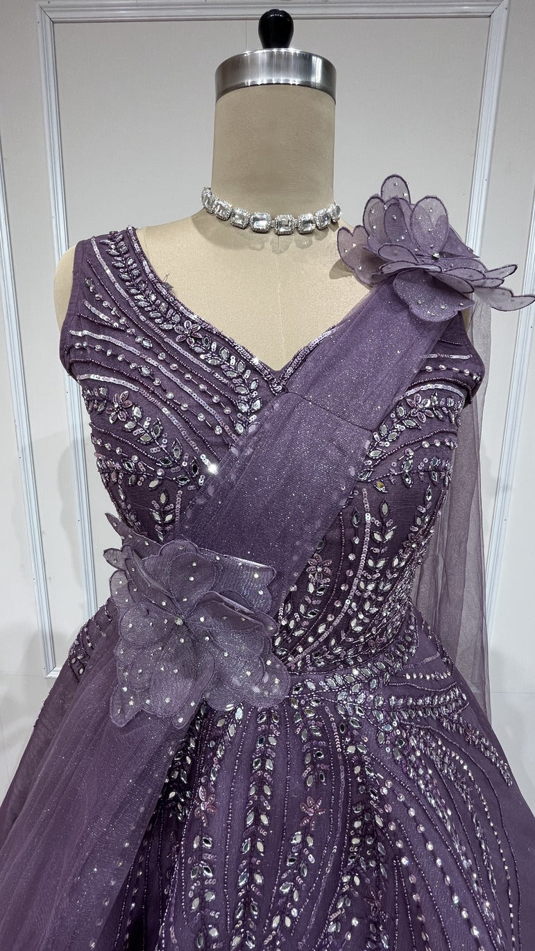 Mesh engagement gown with mirror & crystal in luxury purple